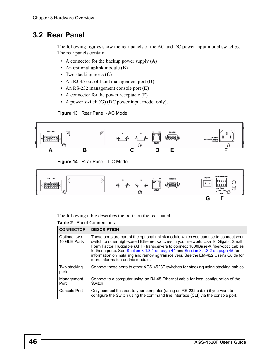 2 rear panel, Table 2 panel connections, 46 3.2 rear panel | ZyXEL Communications XGS-4528F User Manual | Page 46 / 372