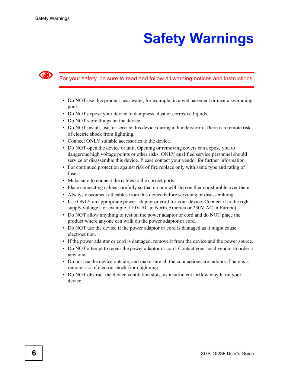 Safety warnings | ZyXEL Communications XGS-4528F User Manual | Page 6 / 372