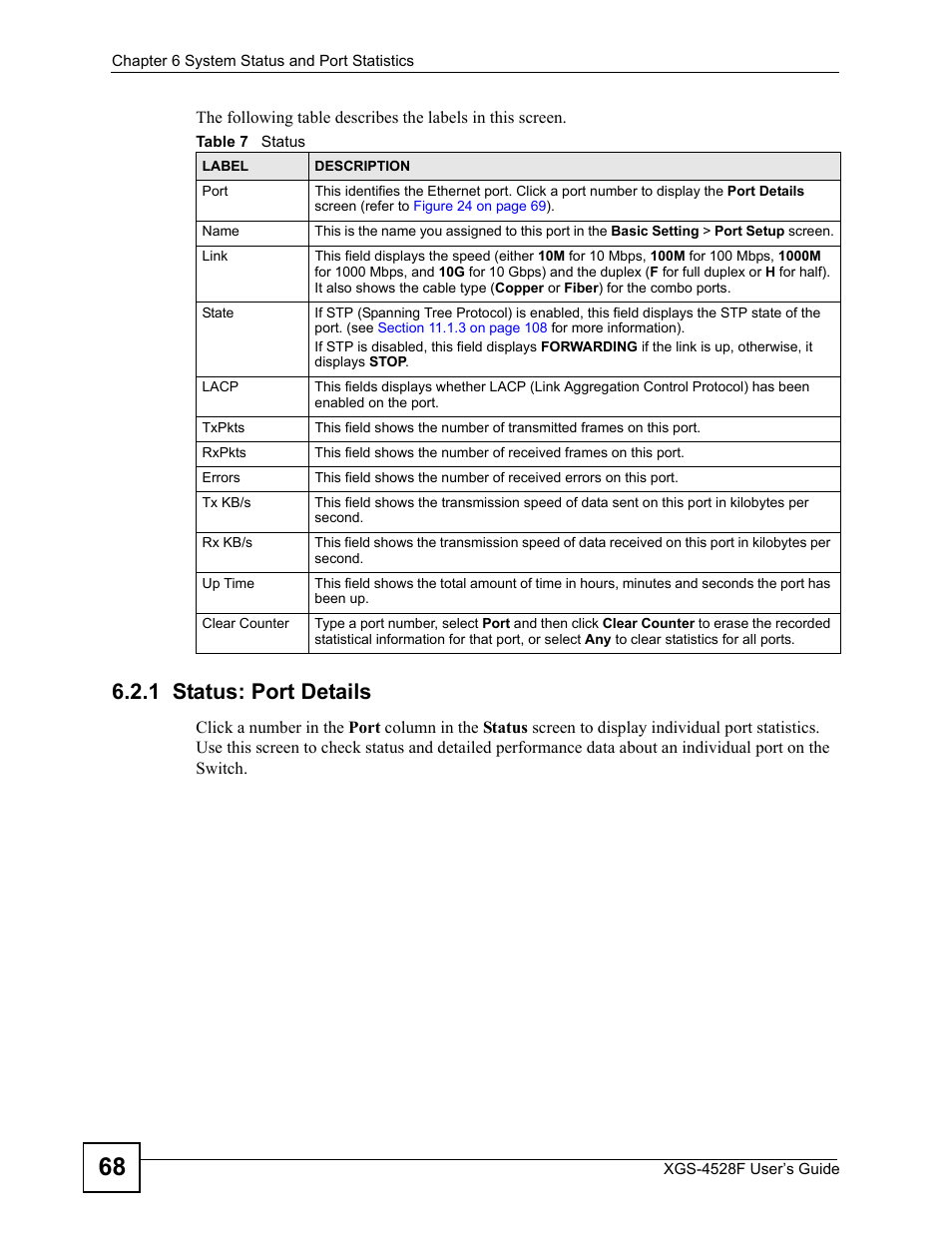 1 status: port details, Table 7 status | ZyXEL Communications XGS-4528F User Manual | Page 68 / 372