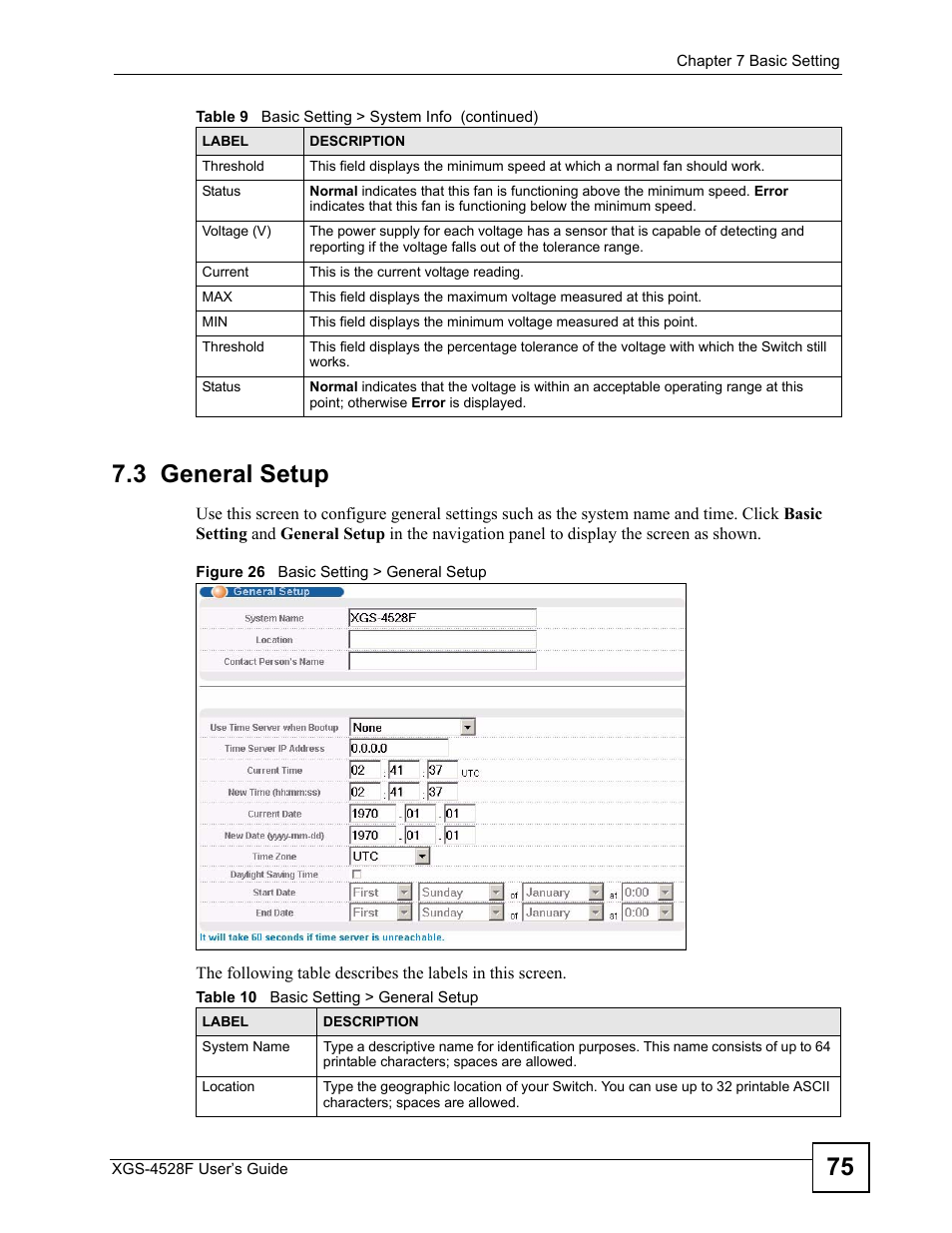 3 general setup, Figure 26 basic setting > general setup, Table 10 basic setting > general setup | 75 7.3 general setup | ZyXEL Communications XGS-4528F User Manual | Page 75 / 372