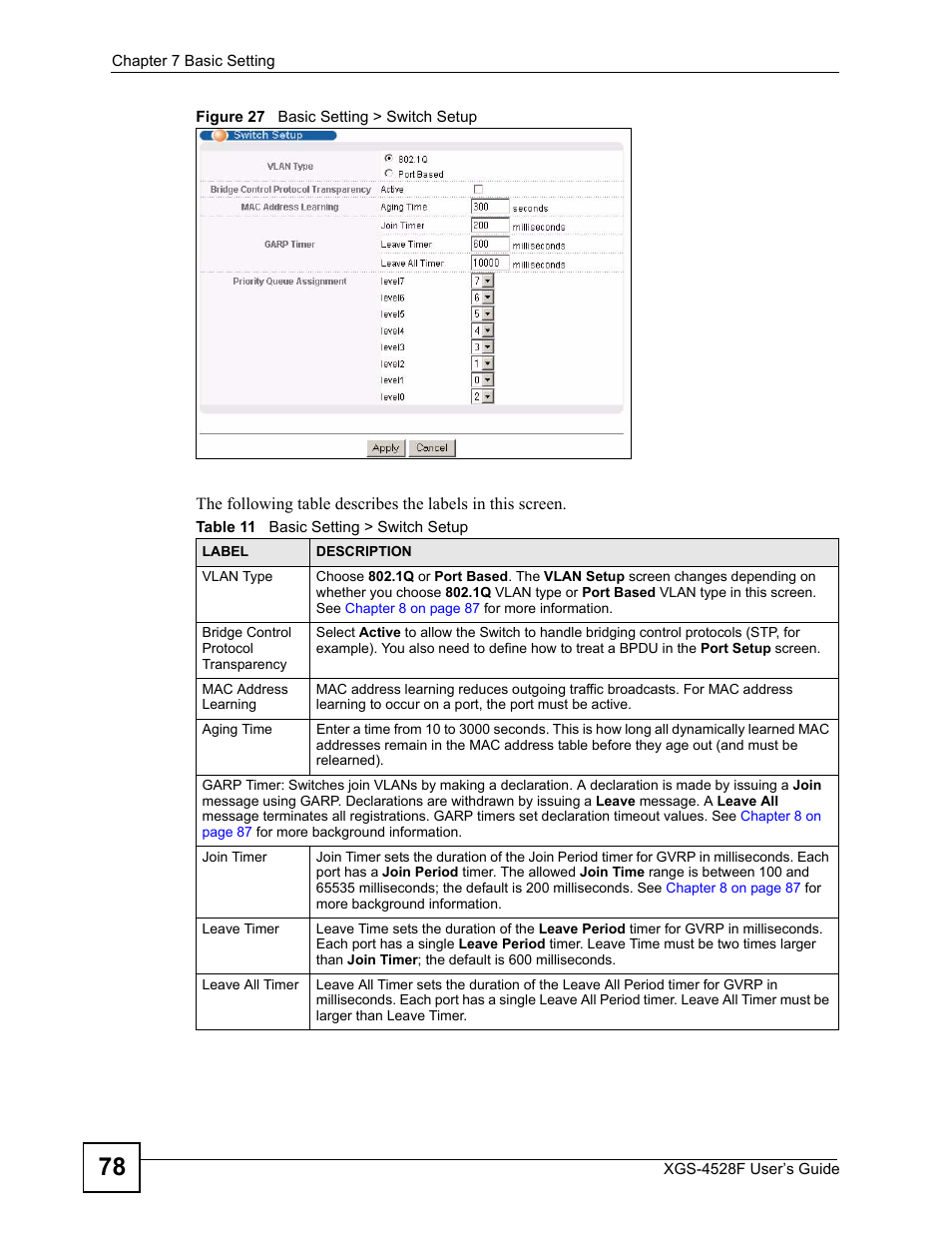 Figure 27 basic setting > switch setup, Table 11 basic setting > switch setup | ZyXEL Communications XGS-4528F User Manual | Page 78 / 372