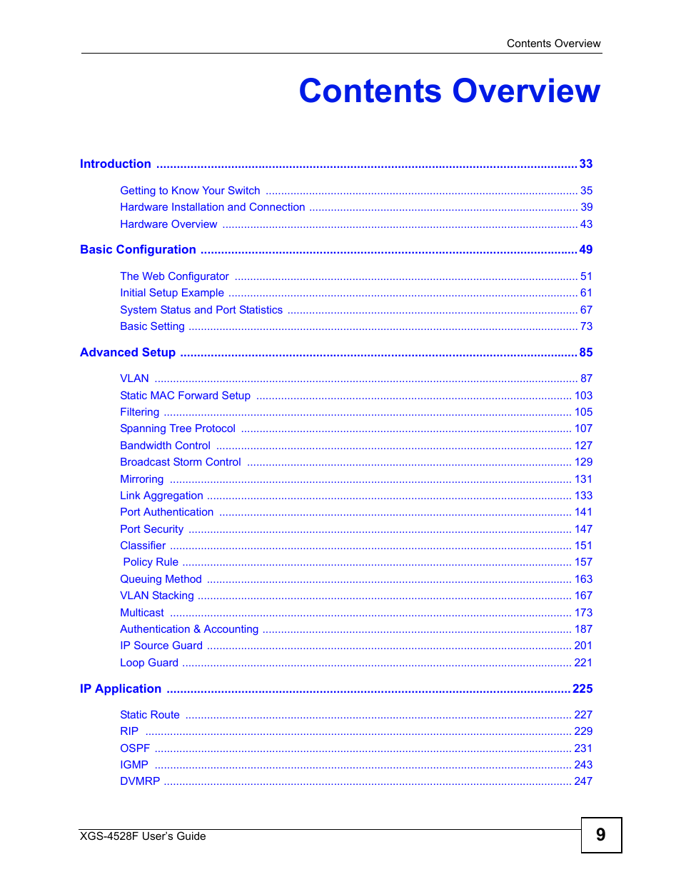 Contents overview | ZyXEL Communications XGS-4528F User Manual | Page 9 / 372