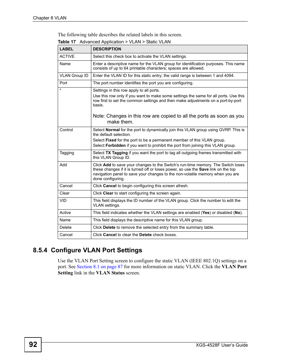 4 configure vlan port settings, Table 17 advanced application > vlan > static vlan | ZyXEL Communications XGS-4528F User Manual | Page 92 / 372