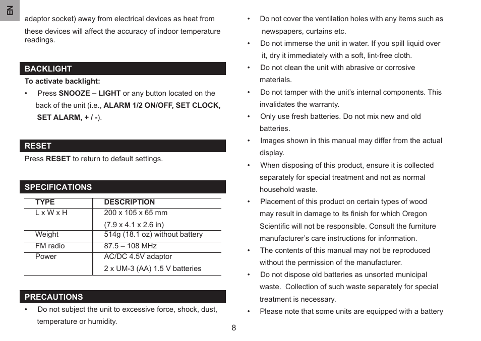 ZyXEL Communications All-in-one bedside projection clock EW103U/A User Manual | Page 8 / 10