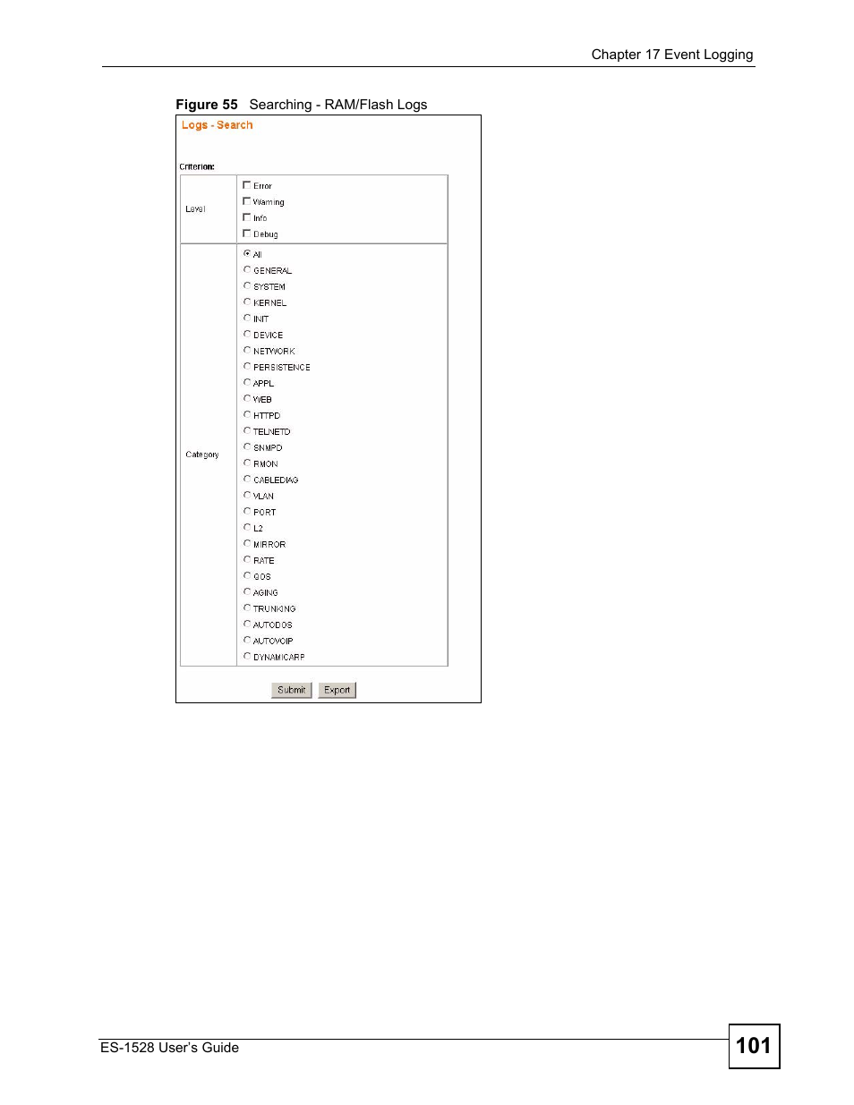 Figure 55 searching - ram/flash logs | ZyXEL Communications ZyXEL Dimension ES-1528 User Manual | Page 101 / 170