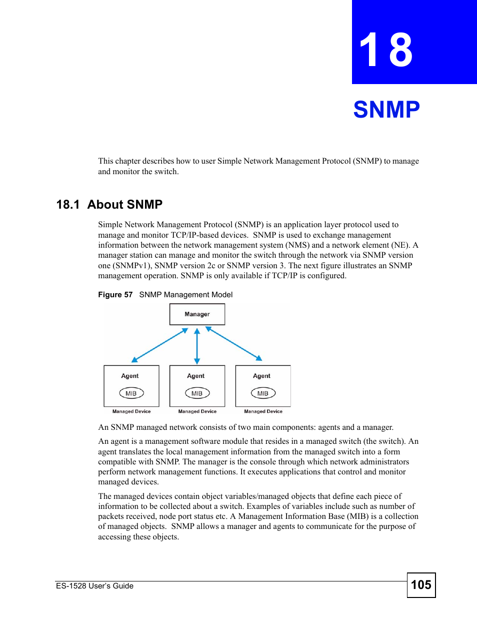 Snmp, 1 about snmp, Chapter 18 snmp | Figure 57 snmp management model, Snmp (105) | ZyXEL Communications ZyXEL Dimension ES-1528 User Manual | Page 105 / 170