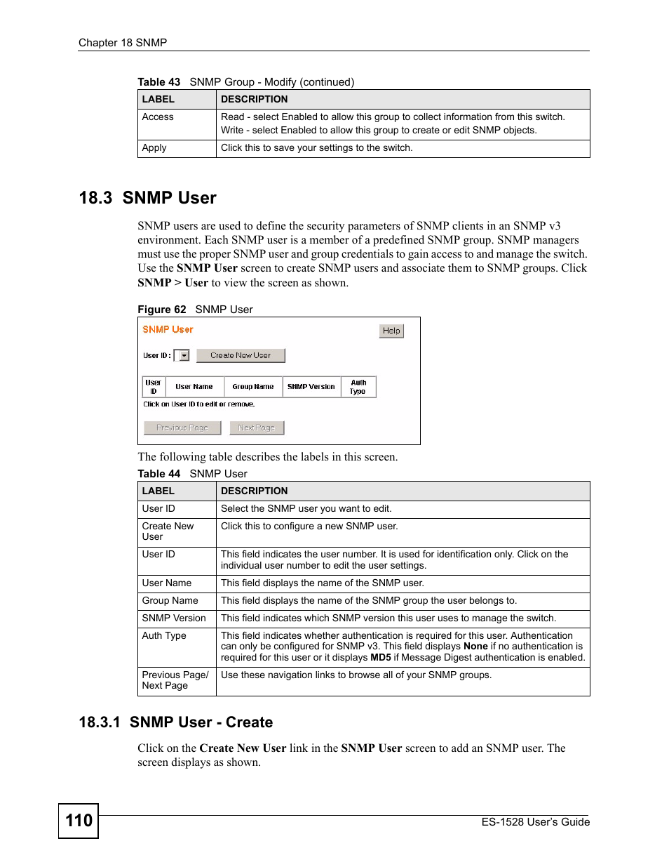 3 snmp user, 1 snmp user - create, Figure 62 snmp user | Table 44 snmp user | ZyXEL Communications ZyXEL Dimension ES-1528 User Manual | Page 110 / 170