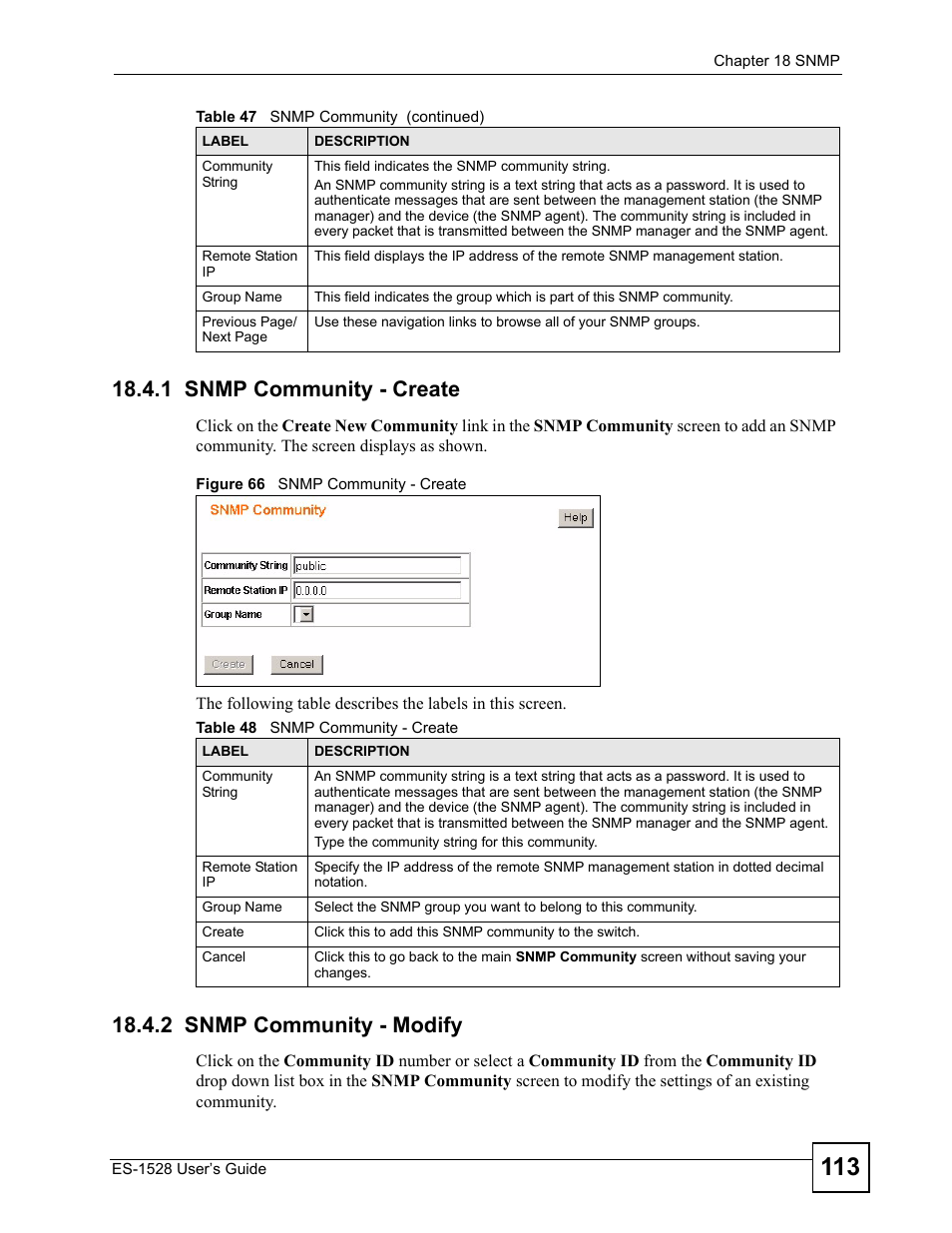 1 snmp community - create, 2 snmp community - modify, Figure 66 snmp community - create | Table 48 snmp community - create | ZyXEL Communications ZyXEL Dimension ES-1528 User Manual | Page 113 / 170