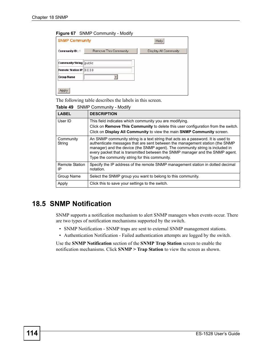 5 snmp notification, Figure 67 snmp community - modify, Table 49 snmp community - modify | ZyXEL Communications ZyXEL Dimension ES-1528 User Manual | Page 114 / 170