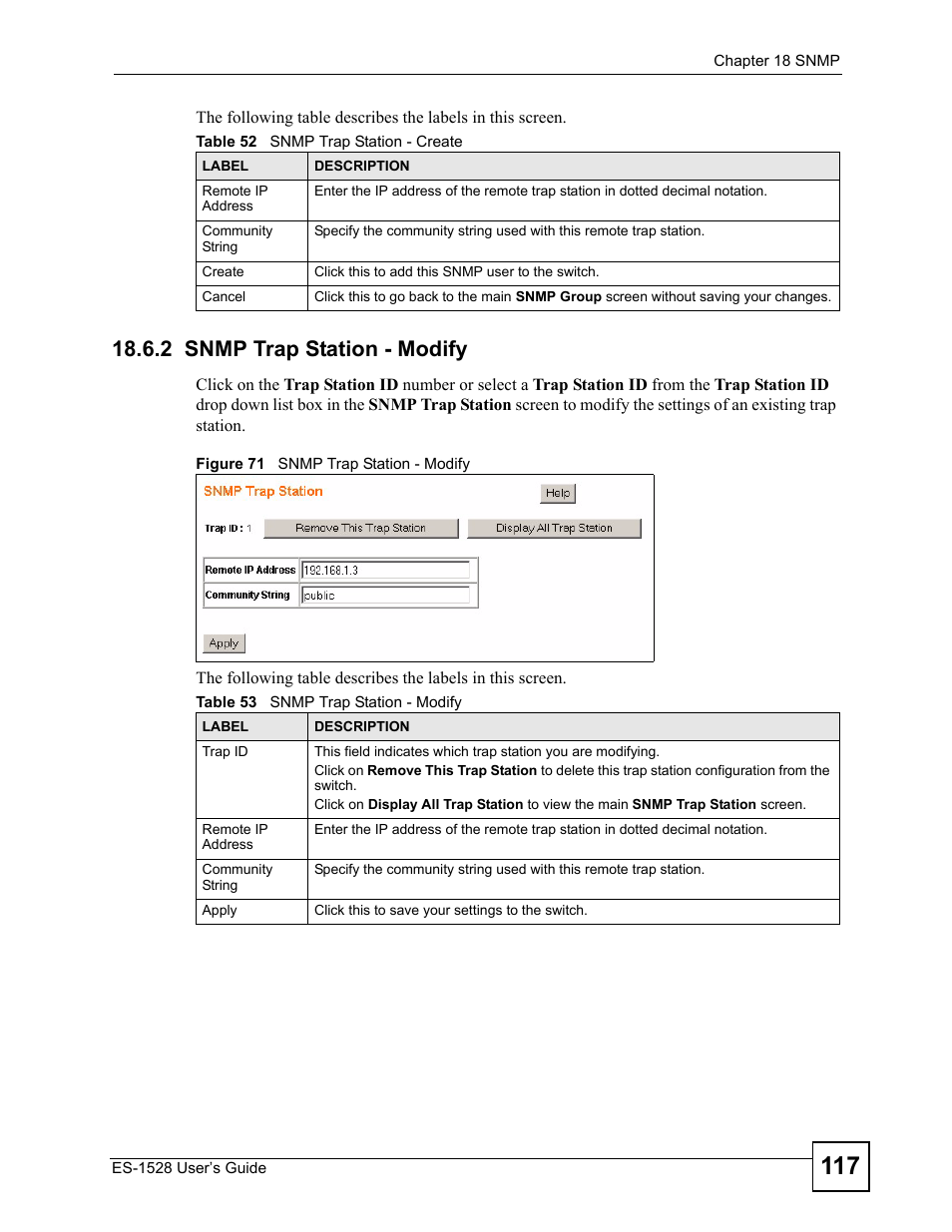 2 snmp trap station - modify, Figure 71 snmp trap station - modify | ZyXEL Communications ZyXEL Dimension ES-1528 User Manual | Page 117 / 170