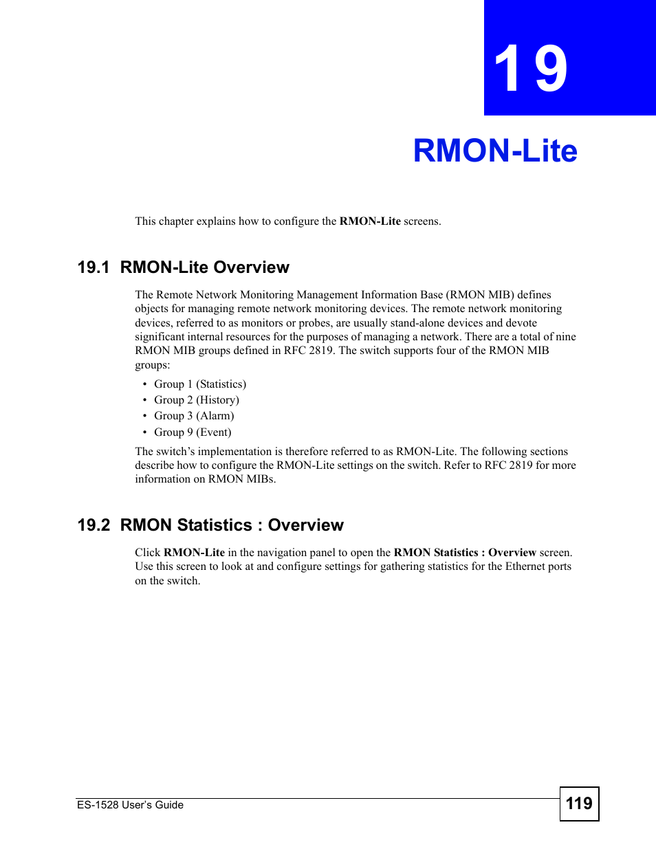 Rmon-lite, 1 rmon-lite overview, 2 rmon statistics : overview | Chapter 19 rmon-lite, Rmon-lite (119) | ZyXEL Communications ZyXEL Dimension ES-1528 User Manual | Page 119 / 170