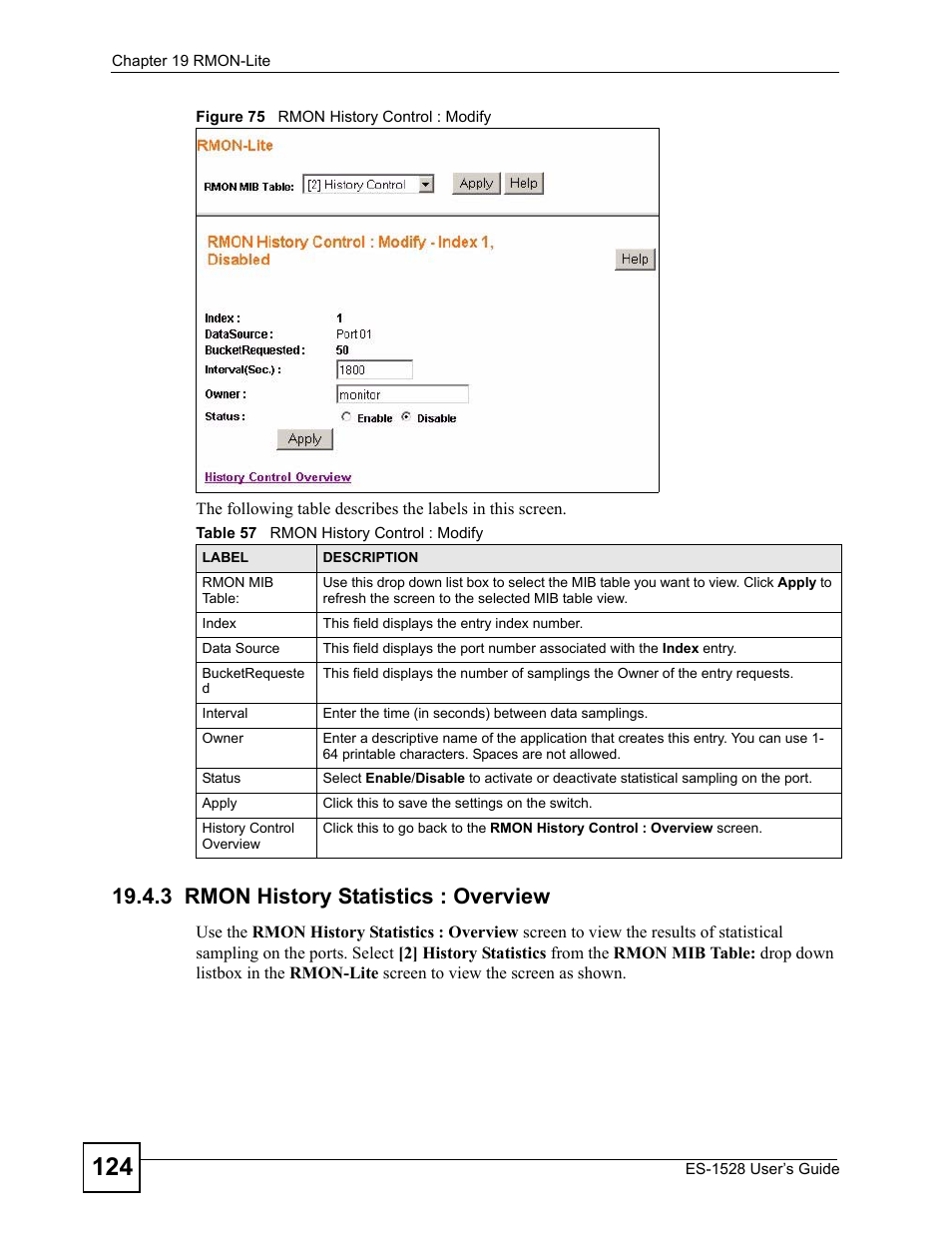 3 rmon history statistics : overview, Figure 75 rmon history control : modify, Table 57 rmon history control : modify | ZyXEL Communications ZyXEL Dimension ES-1528 User Manual | Page 124 / 170