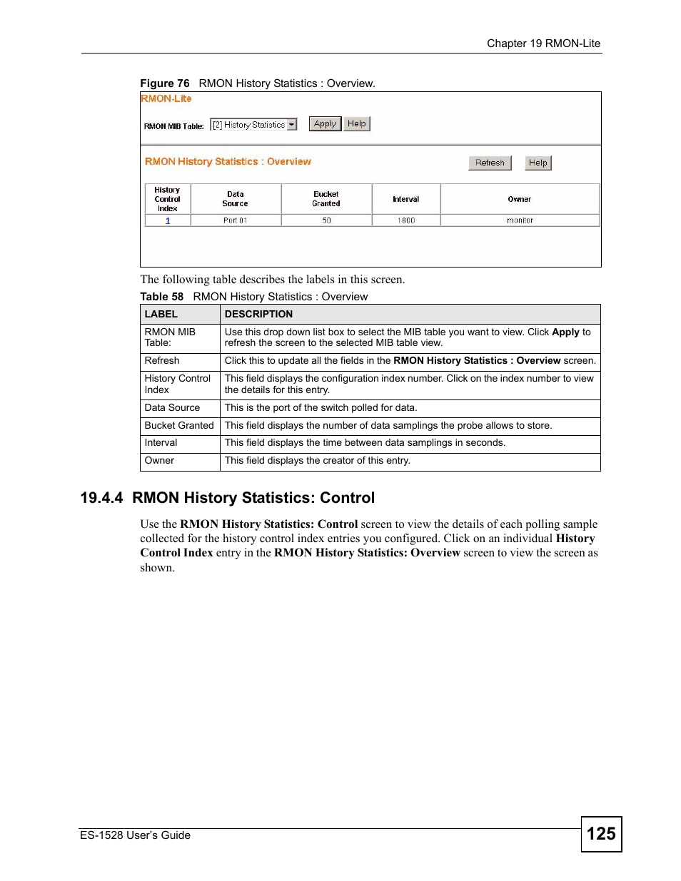 4 rmon history statistics: control, Figure 76 rmon history statistics : overview, Table 58 rmon history statistics : overview | ZyXEL Communications ZyXEL Dimension ES-1528 User Manual | Page 125 / 170