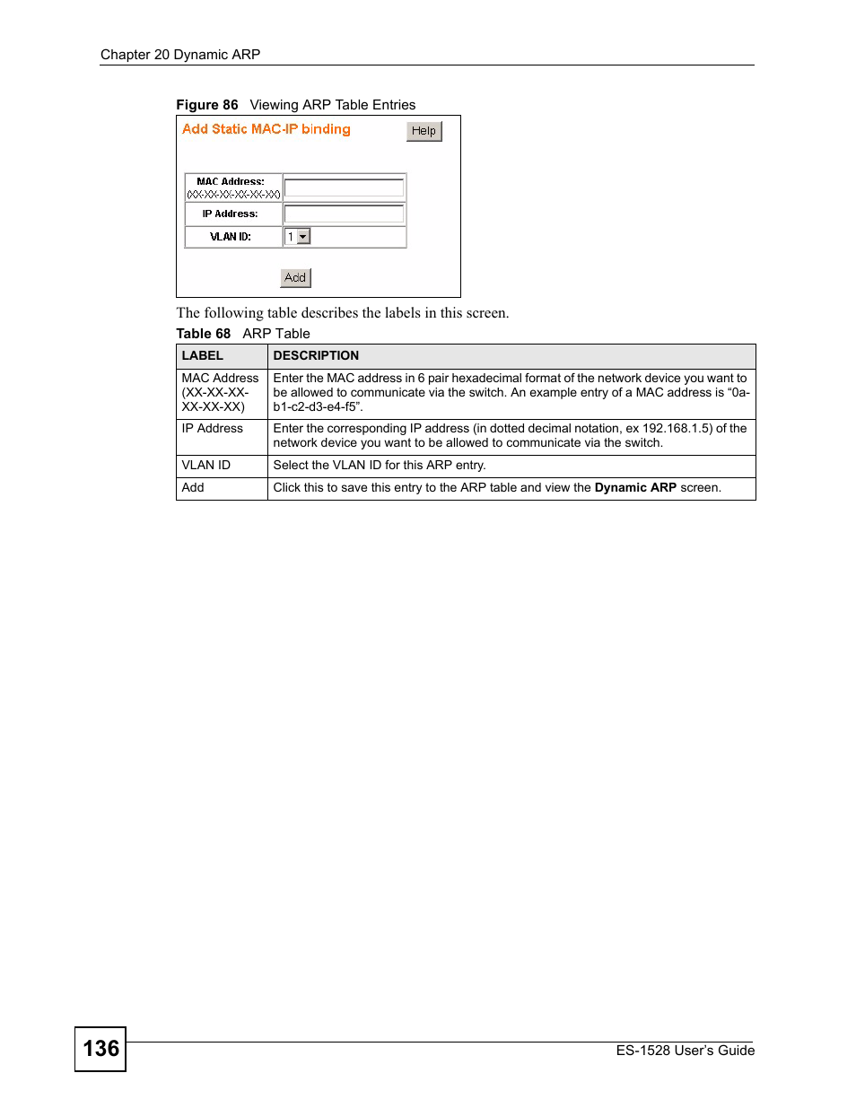 Figure 86 viewing arp table entries, Table 68 arp table | ZyXEL Communications ZyXEL Dimension ES-1528 User Manual | Page 136 / 170