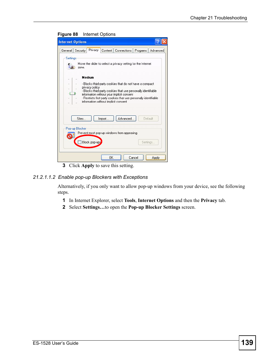 Figure 88 internet options | ZyXEL Communications ZyXEL Dimension ES-1528 User Manual | Page 139 / 170