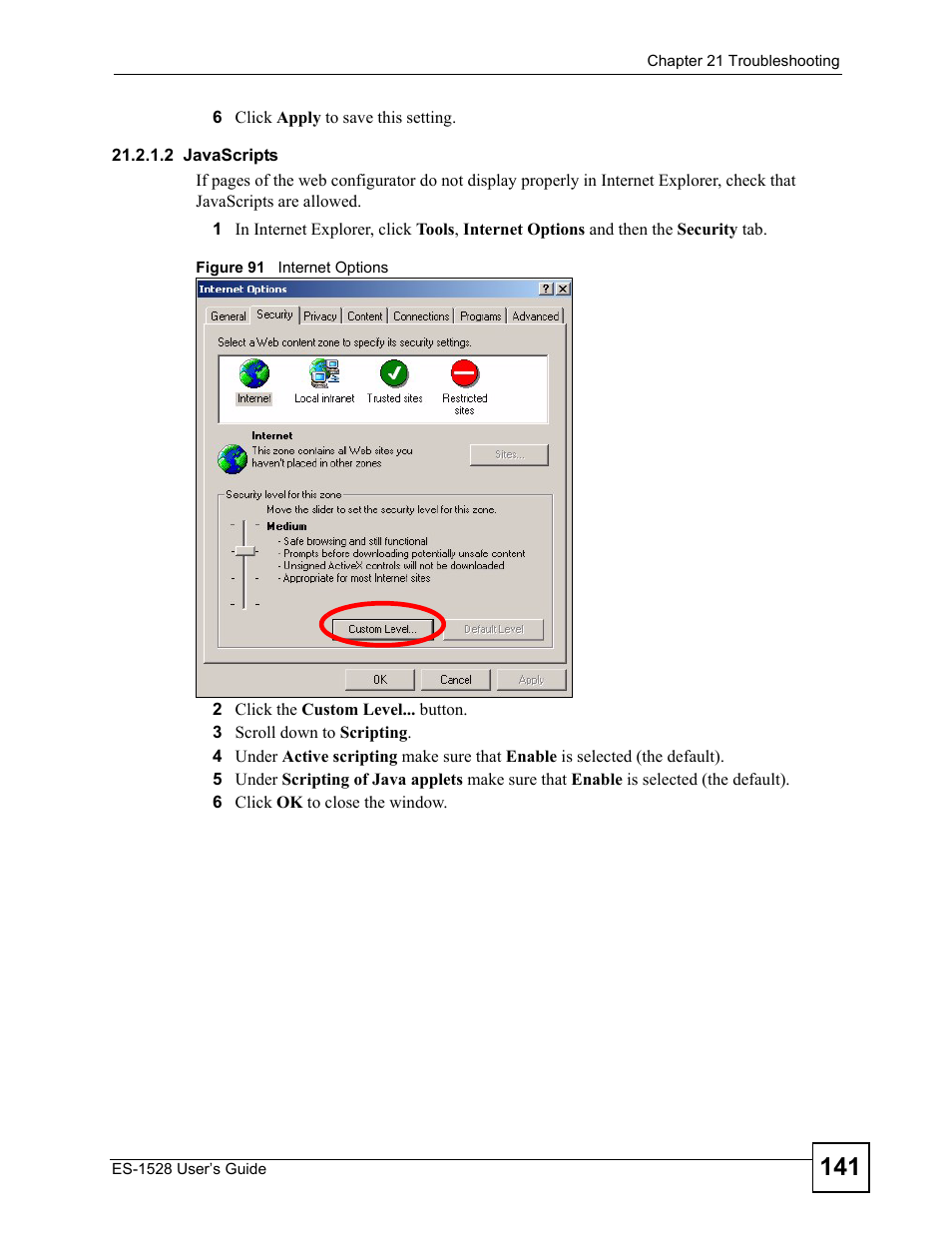 Figure 91 internet options | ZyXEL Communications ZyXEL Dimension ES-1528 User Manual | Page 141 / 170