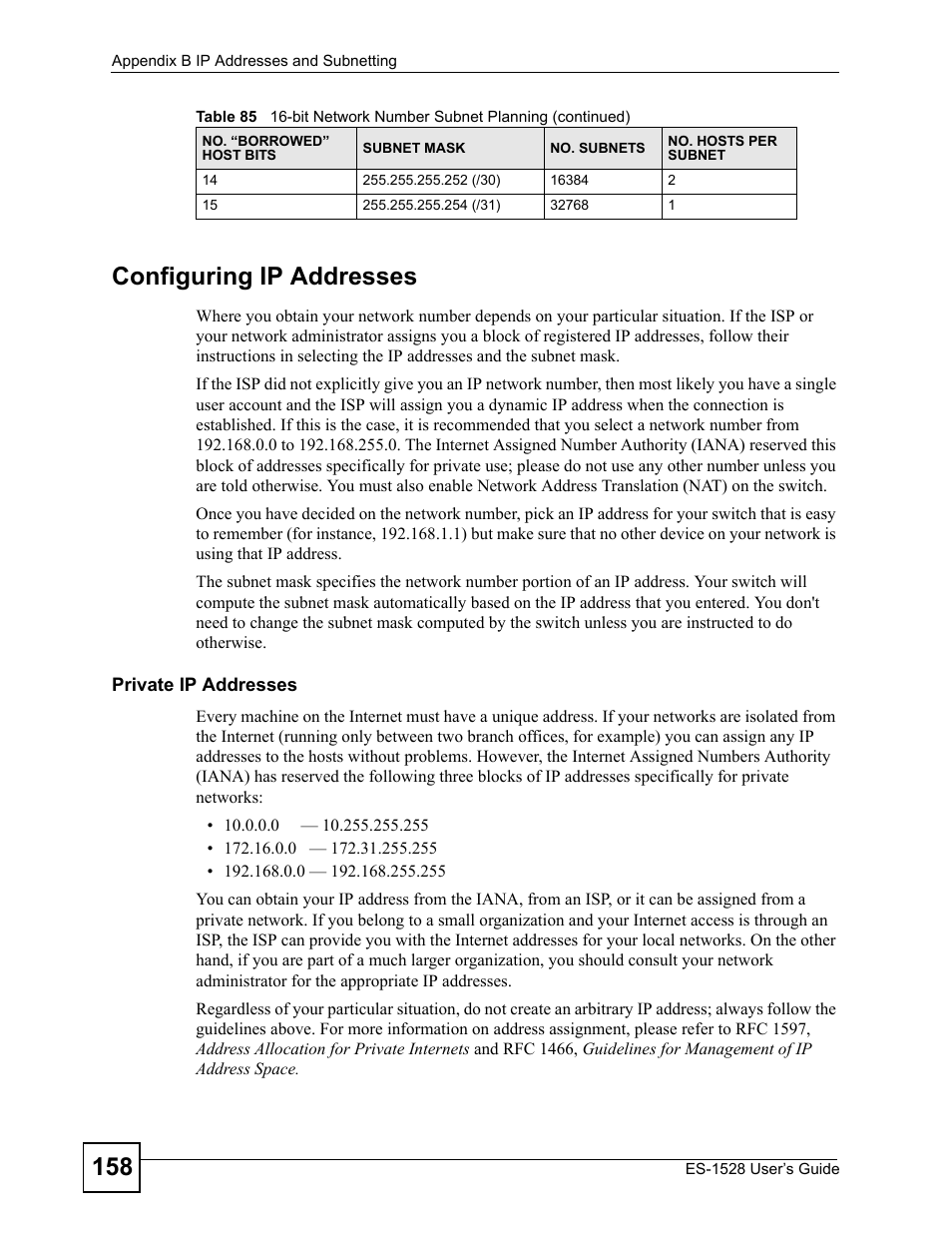 158 configuring ip addresses | ZyXEL Communications ZyXEL Dimension ES-1528 User Manual | Page 158 / 170