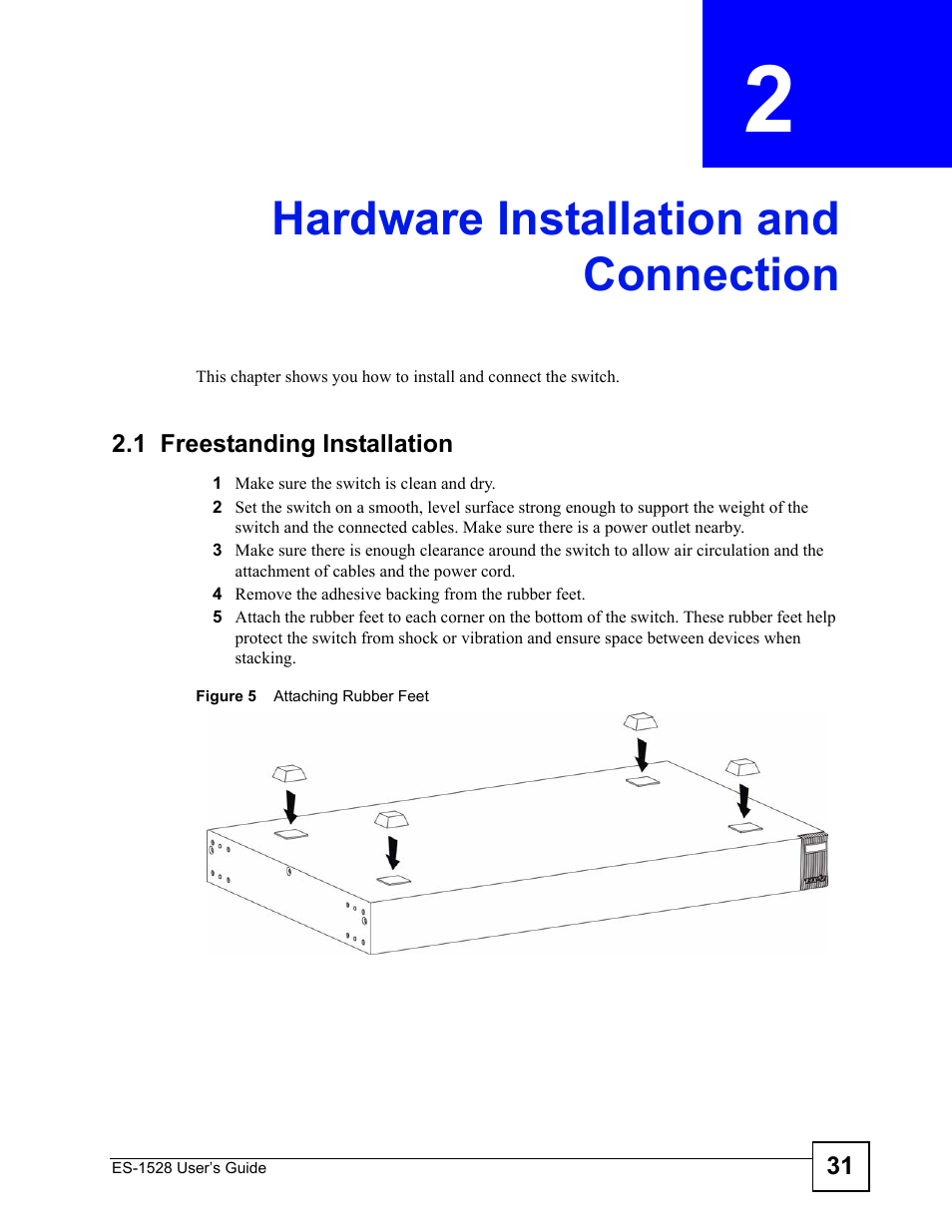 Hardware installation and connection, 1 freestanding installation, Chapter 2 hardware installation and connection | Figure 5 attaching rubber feet | ZyXEL Communications ZyXEL Dimension ES-1528 User Manual | Page 31 / 170