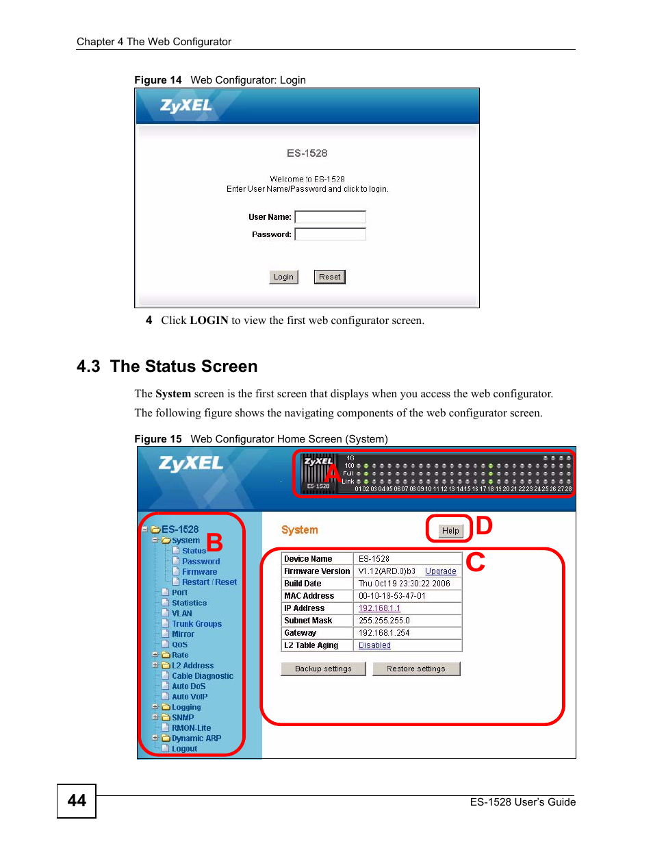 3 the status screen | ZyXEL Communications ZyXEL Dimension ES-1528 User Manual | Page 44 / 170