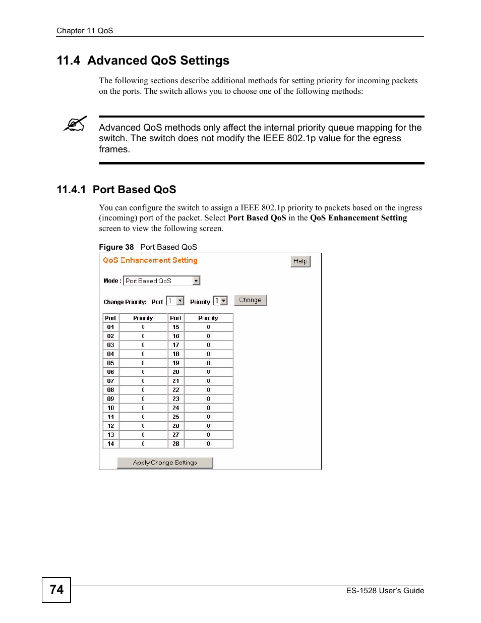 4 advanced qos settings, 1 port based qos, Figure 38 port based qos | ZyXEL Communications ZyXEL Dimension ES-1528 User Manual | Page 74 / 170