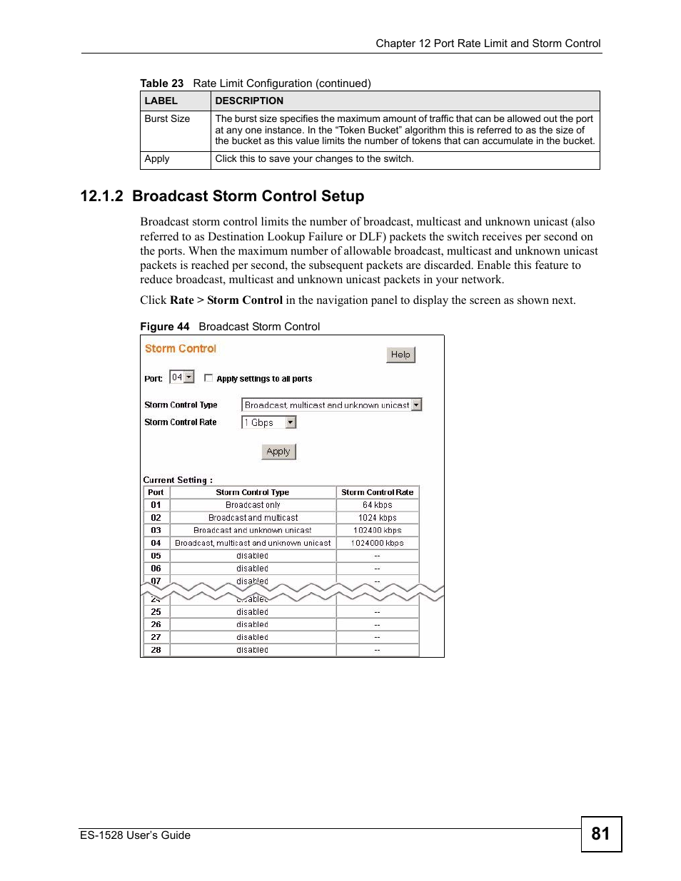2 broadcast storm control setup, Figure 44 broadcast storm control | ZyXEL Communications ZyXEL Dimension ES-1528 User Manual | Page 81 / 170