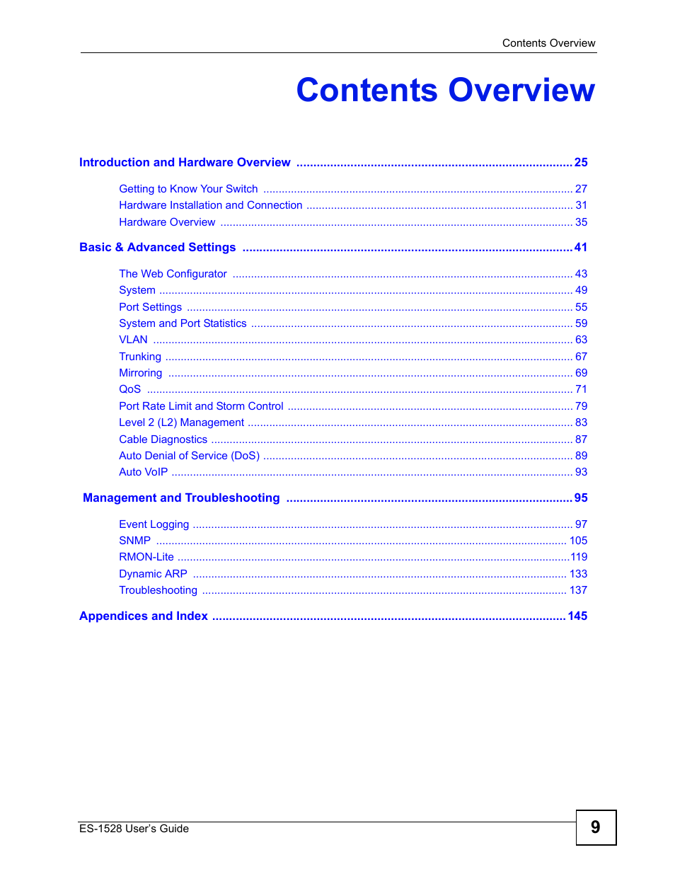Contents overview | ZyXEL Communications ZyXEL Dimension ES-1528 User Manual | Page 9 / 170