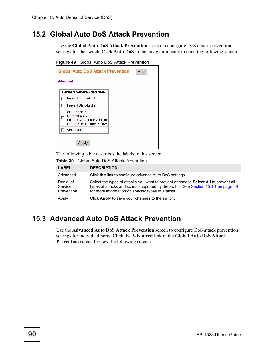 2 global auto dos attack prevention, 3 advanced auto dos attack prevention, Figure 49 global auto dos attack prevention | Table 30 global auto dos attack prevention | ZyXEL Communications ZyXEL Dimension ES-1528 User Manual | Page 90 / 170