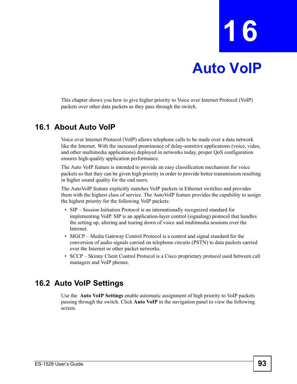 Auto voip, 1 about auto voip, 2 auto voip settings | Chapter 16 auto voip, 1 about auto voip 16.2 auto voip settings, Auto voip (93) | ZyXEL Communications ZyXEL Dimension ES-1528 User Manual | Page 93 / 170