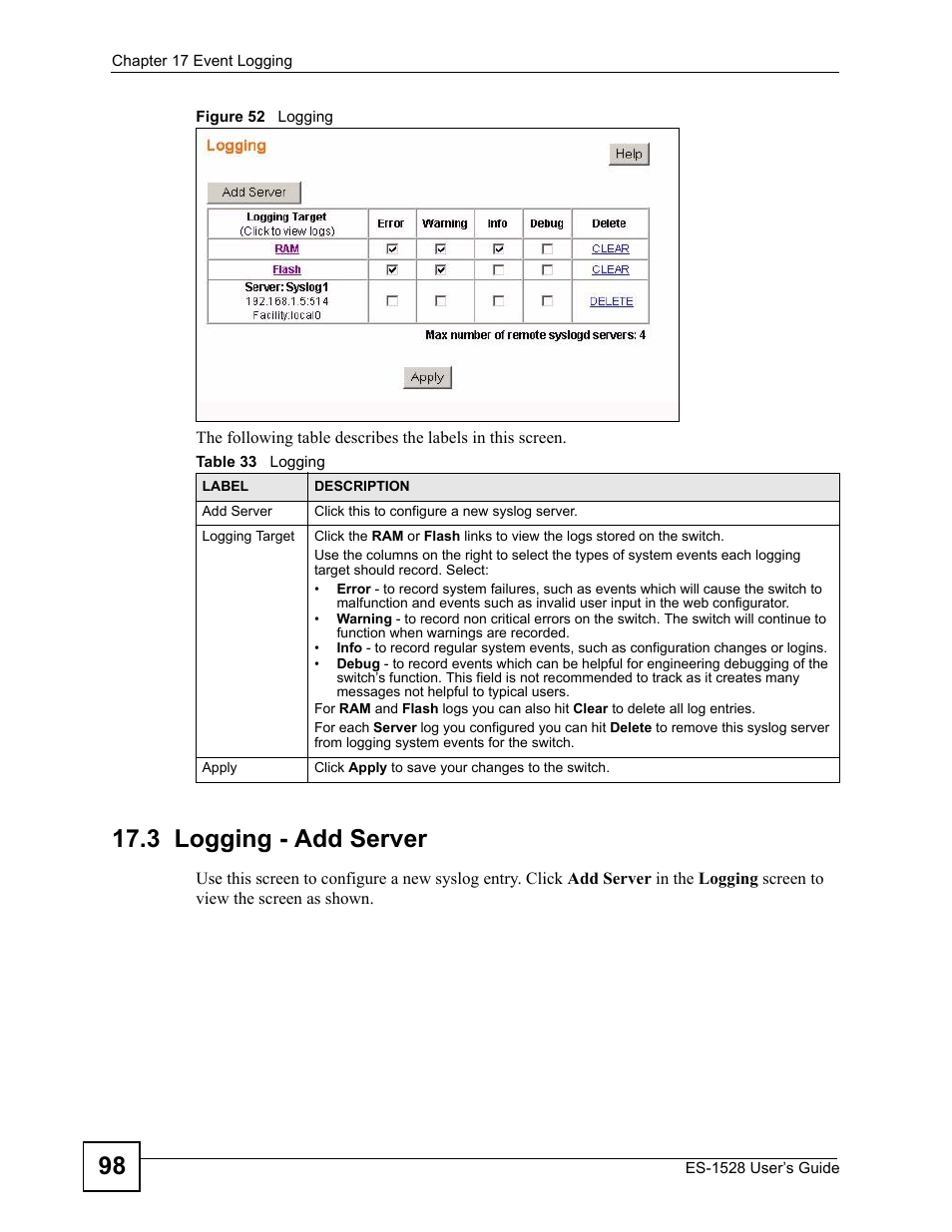 3 logging - add server, Figure 52 logging, Table 33 logging | ZyXEL Communications ZyXEL Dimension ES-1528 User Manual | Page 98 / 170