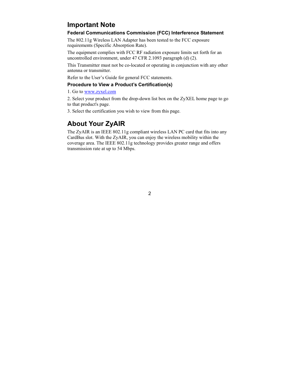 Important note, About your zyair | ZyXEL Communications Wireless CardBus Card ZyAIR G-110 User Manual | Page 2 / 7