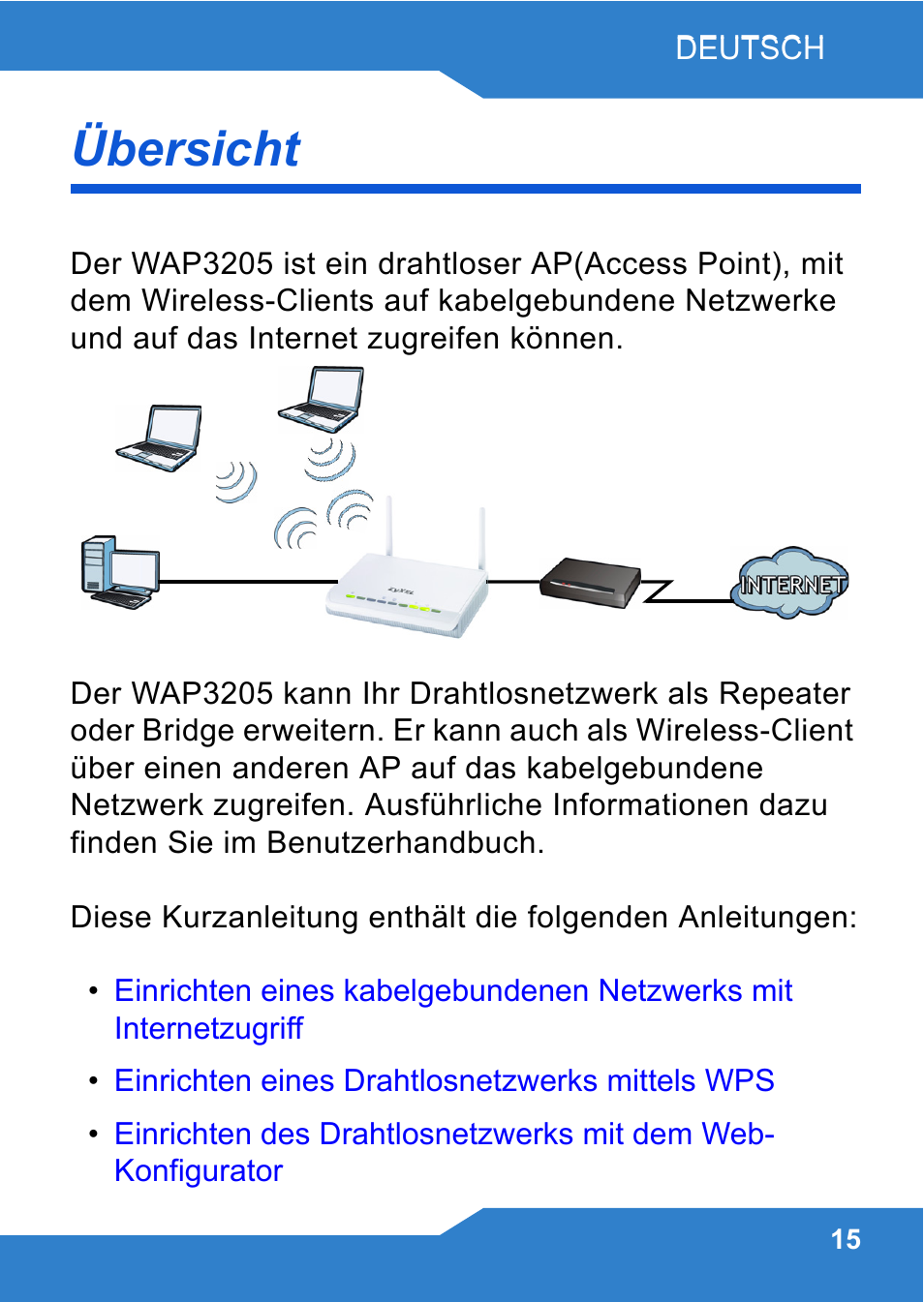 Deutsch, Übersicht | ZyXEL Communications WAP3205 User Manual | Page 15 / 78