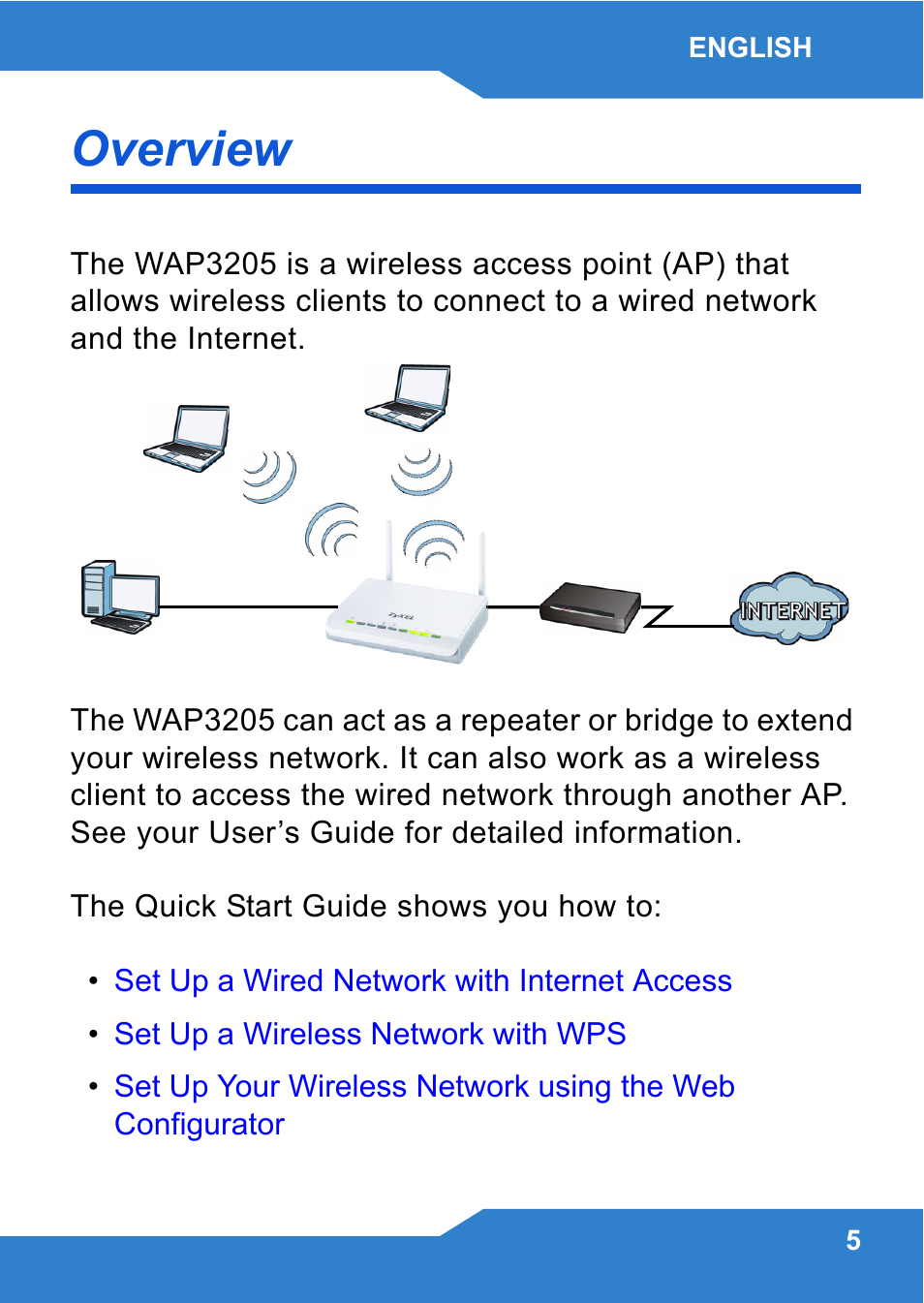 English, Overview | ZyXEL Communications WAP3205 User Manual | Page 5 / 78