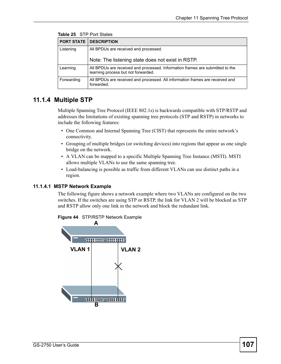 4 multiple stp, Figure 44 stp/rstp network example | ZyXEL Communications GS-2750 User Manual | Page 107 / 336