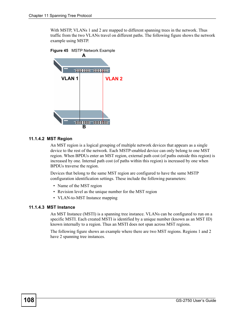 Figure 45 mstp network example | ZyXEL Communications GS-2750 User Manual | Page 108 / 336