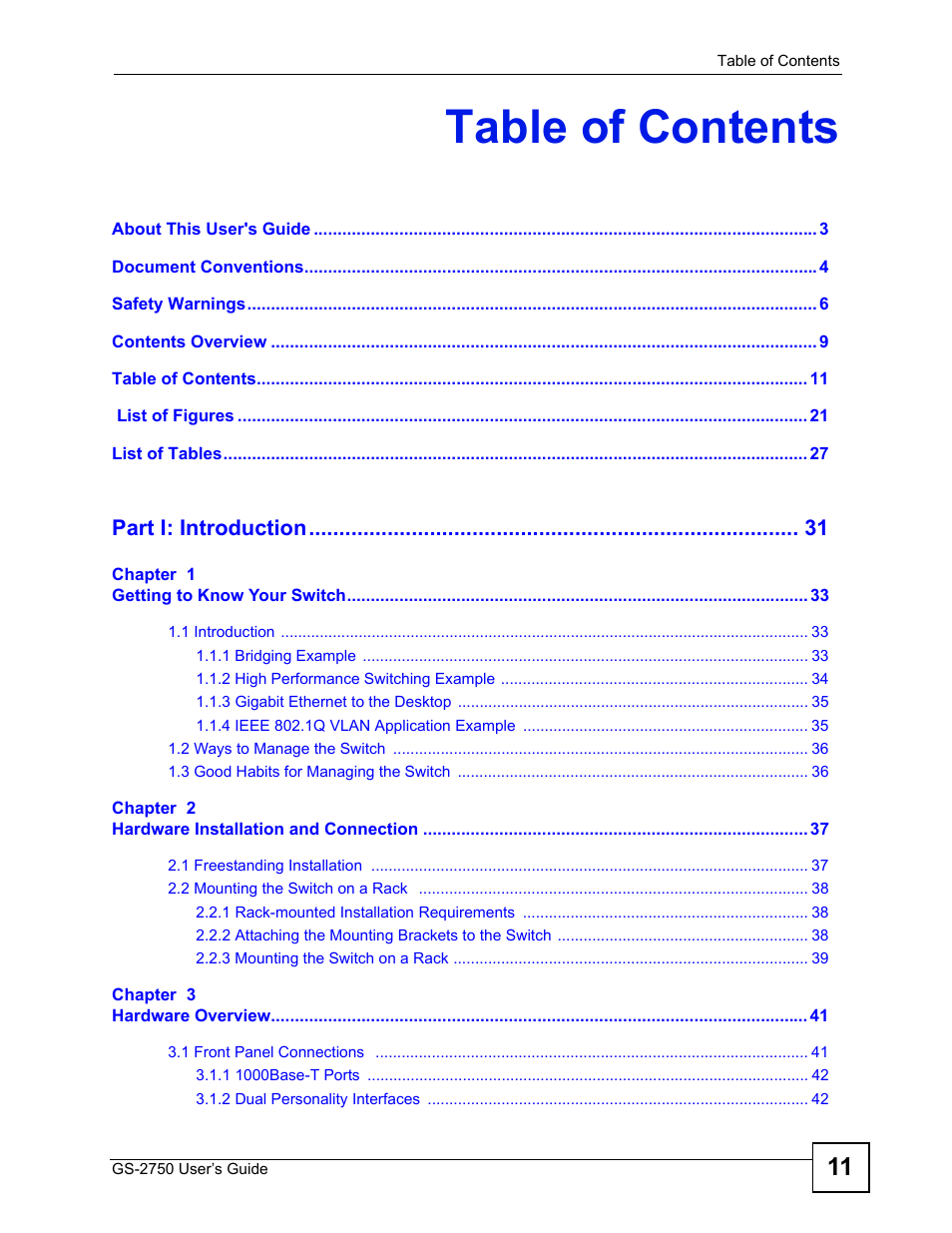 ZyXEL Communications GS-2750 User Manual | Page 11 / 336