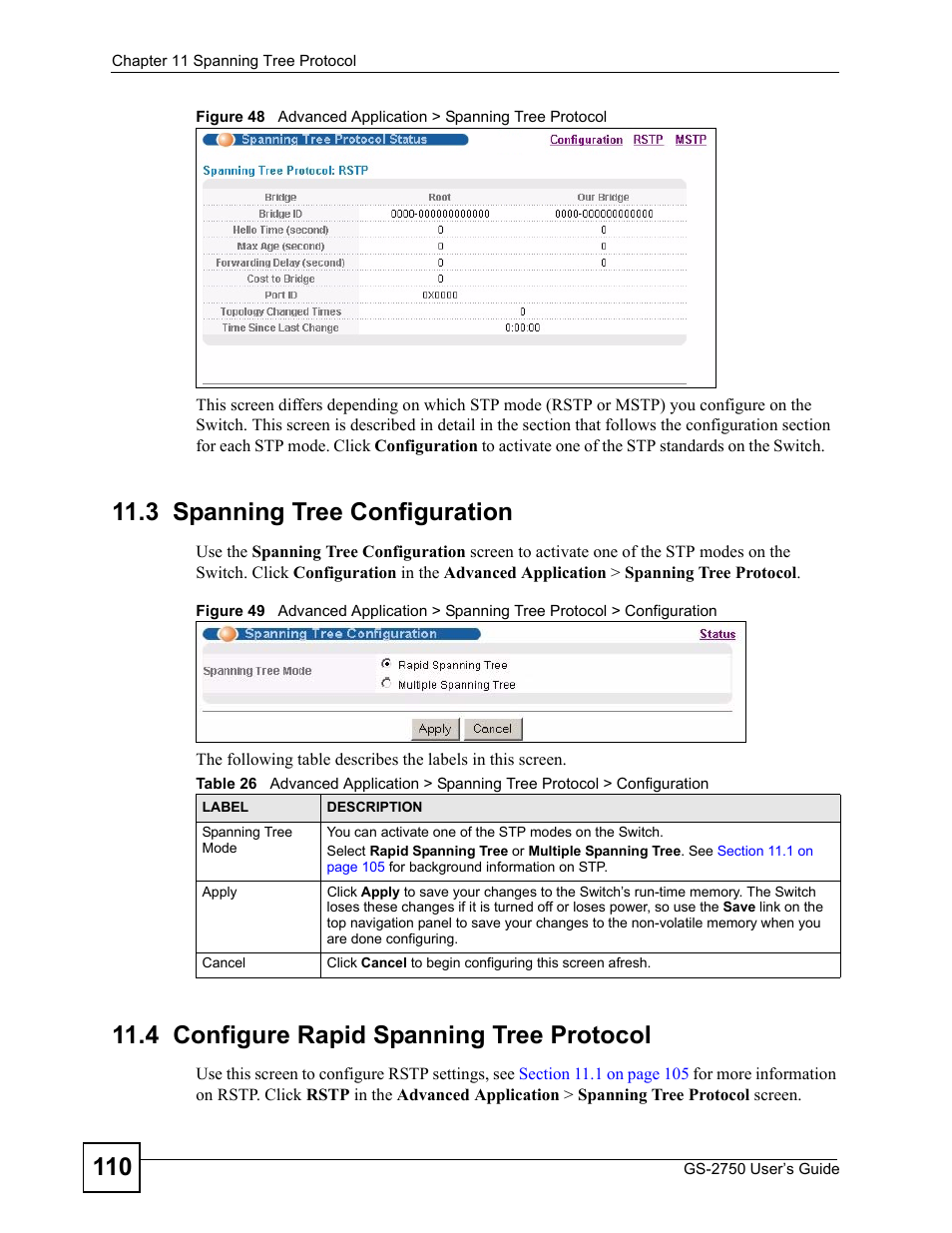 3 spanning tree configuration, 4 configure rapid spanning tree protocol | ZyXEL Communications GS-2750 User Manual | Page 110 / 336