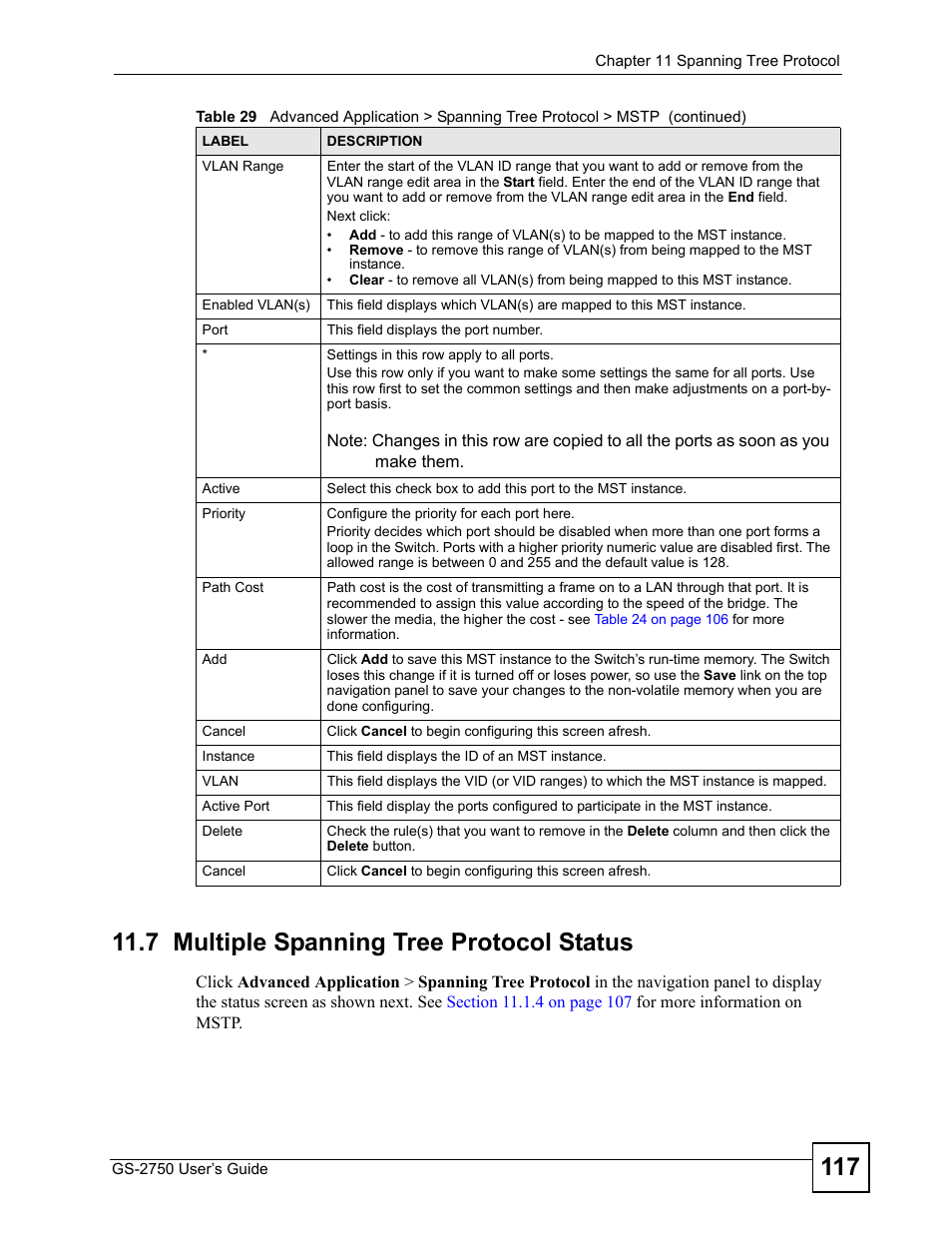 7 multiple spanning tree protocol status | ZyXEL Communications GS-2750 User Manual | Page 117 / 336