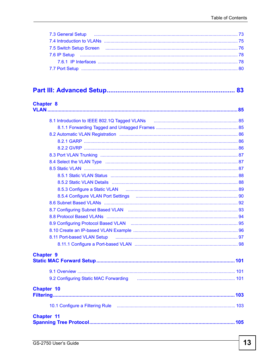 Part iii: advanced setup | ZyXEL Communications GS-2750 User Manual | Page 13 / 336