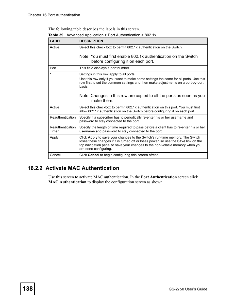 2 activate mac authentication | ZyXEL Communications GS-2750 User Manual | Page 138 / 336