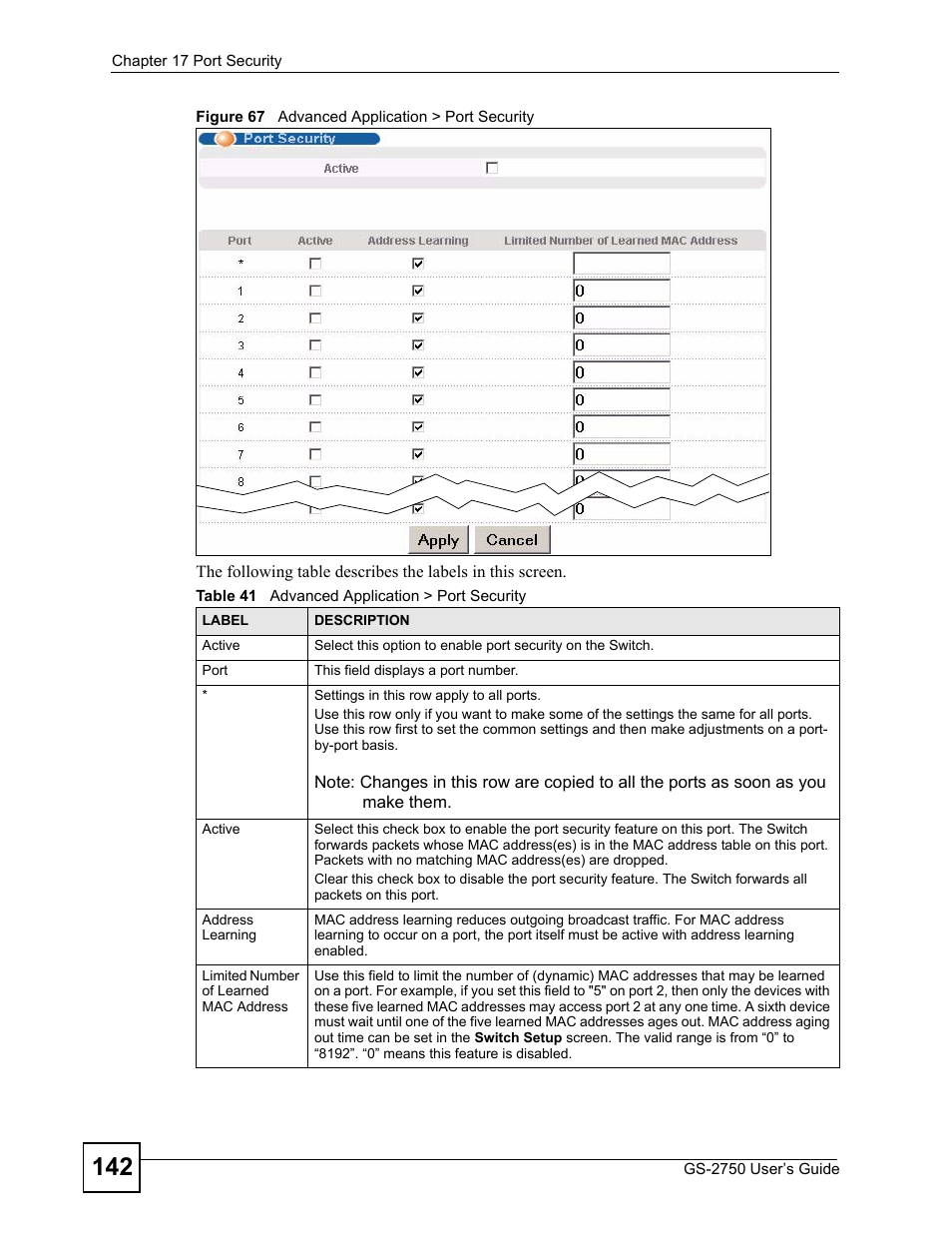 Figure 67 advanced application > port security, Table 41 advanced application > port security | ZyXEL Communications GS-2750 User Manual | Page 142 / 336