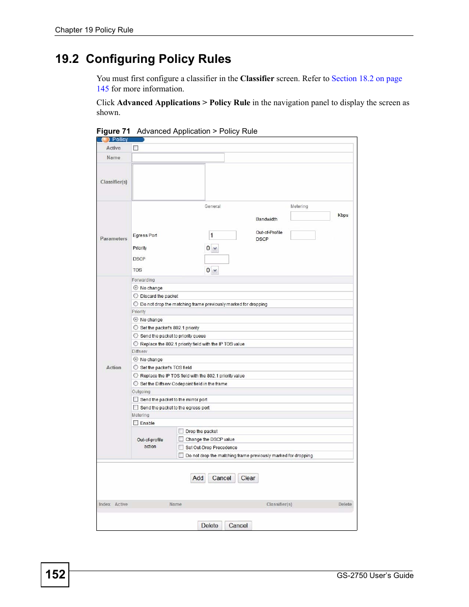 2 configuring policy rules, Figure 71 advanced application > policy rule | ZyXEL Communications GS-2750 User Manual | Page 152 / 336