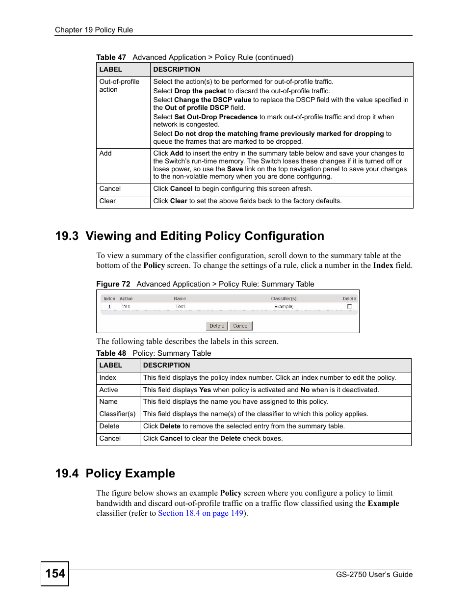 3 viewing and editing policy configuration, 4 policy example, Table 48 policy: summary table | ZyXEL Communications GS-2750 User Manual | Page 154 / 336