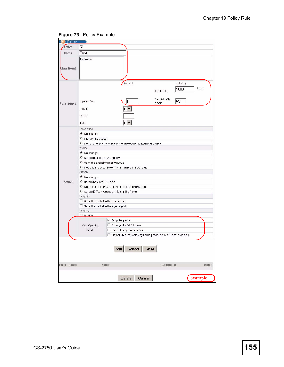 Figure 73 policy example | ZyXEL Communications GS-2750 User Manual | Page 155 / 336