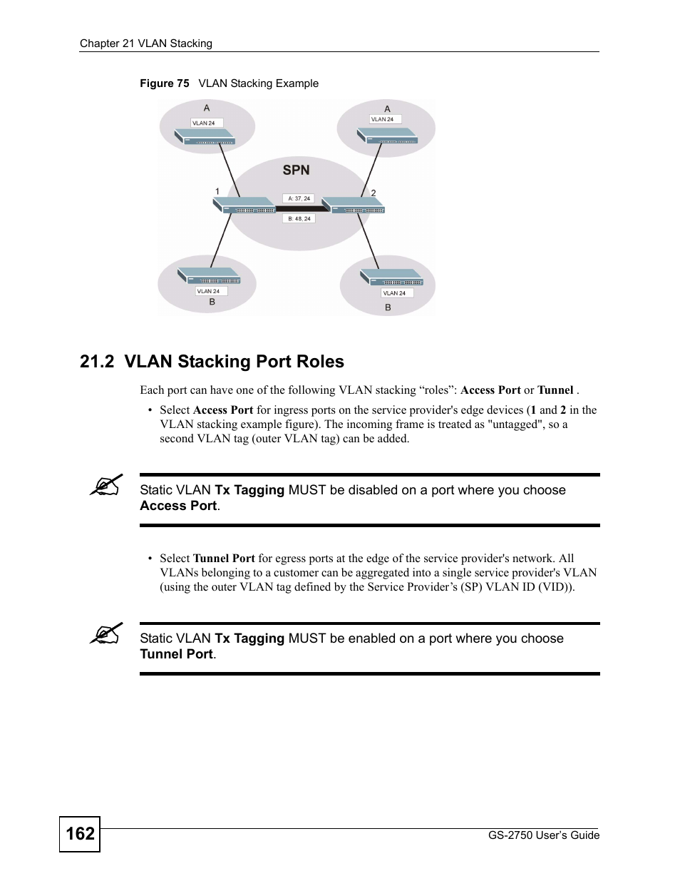 2 vlan stacking port roles, Figure 75 vlan stacking example | ZyXEL Communications GS-2750 User Manual | Page 162 / 336