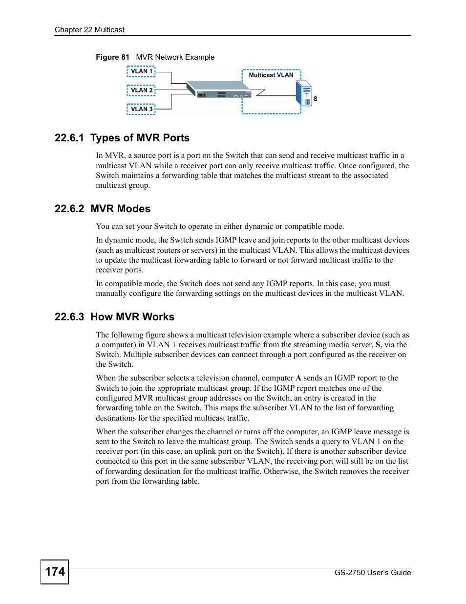 1 types of mvr ports, 2 mvr modes, 3 how mvr works | Figure 81 mvr network example | ZyXEL Communications GS-2750 User Manual | Page 174 / 336