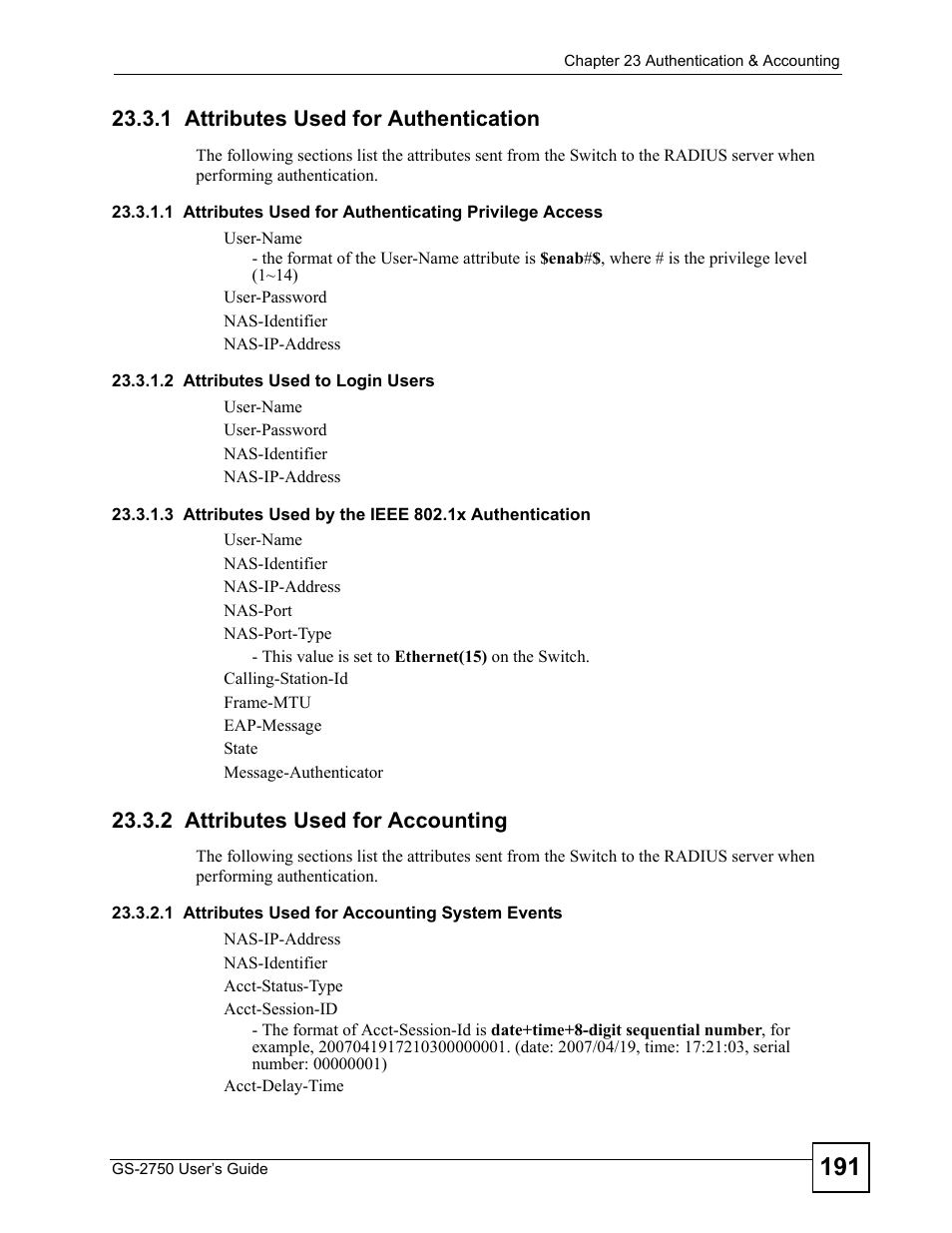 1 attributes used for authentication, 2 attributes used for accounting | ZyXEL Communications GS-2750 User Manual | Page 191 / 336
