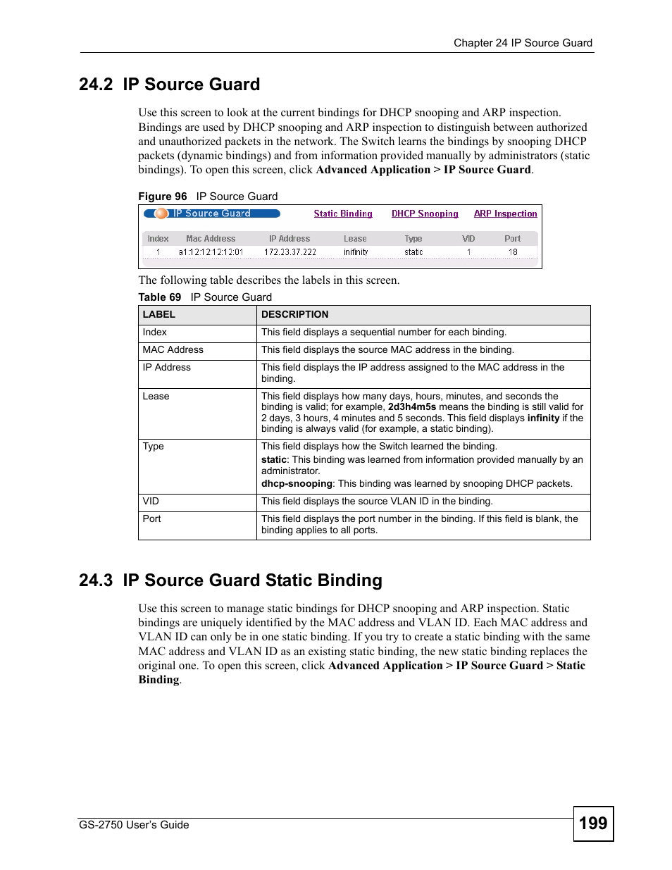 2 ip source guard, 3 ip source guard static binding, Figure 96 ip source guard | Table 69 ip source guard | ZyXEL Communications GS-2750 User Manual | Page 199 / 336