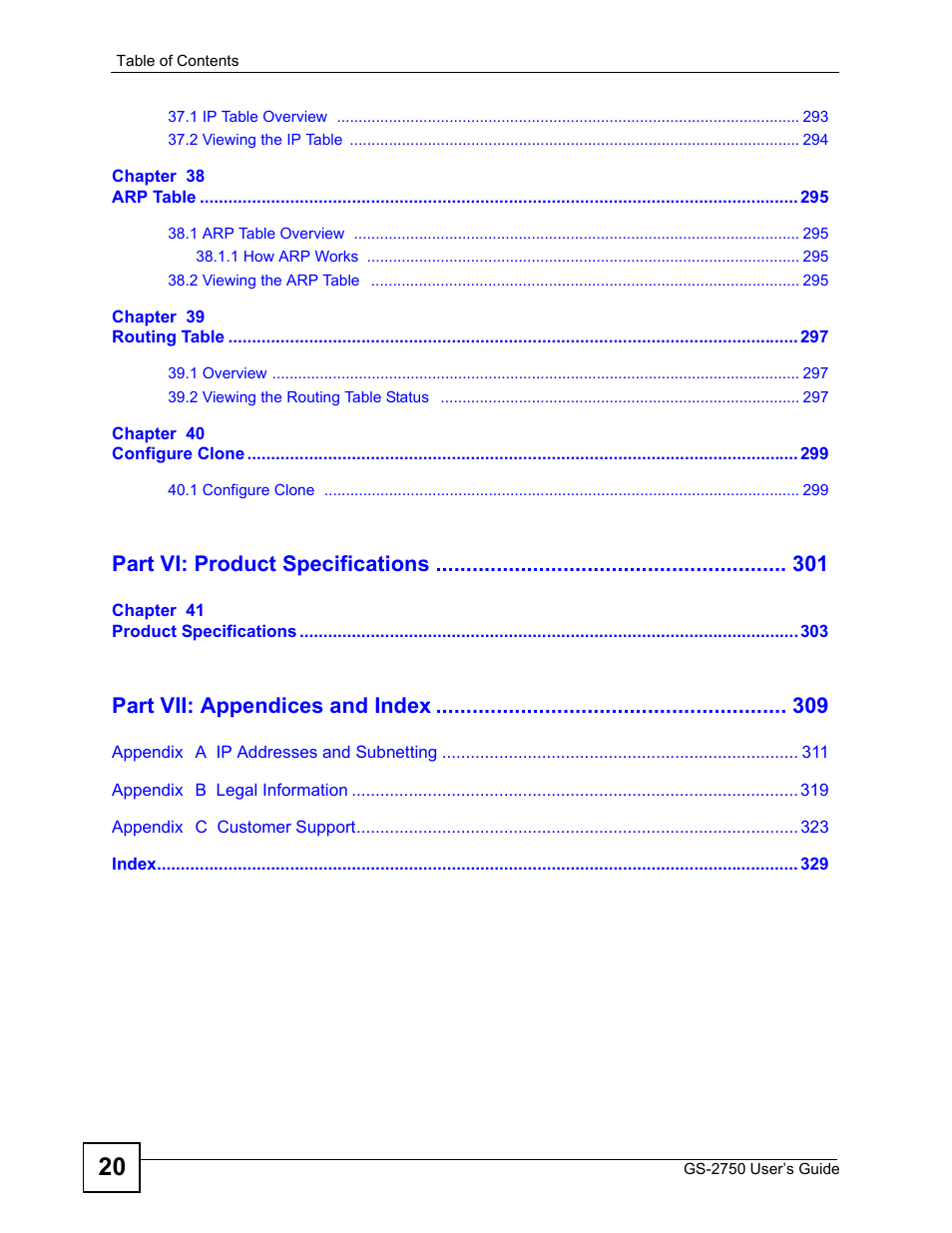 Part vi: product specifications, Part vii: appendices and index | ZyXEL Communications GS-2750 User Manual | Page 20 / 336