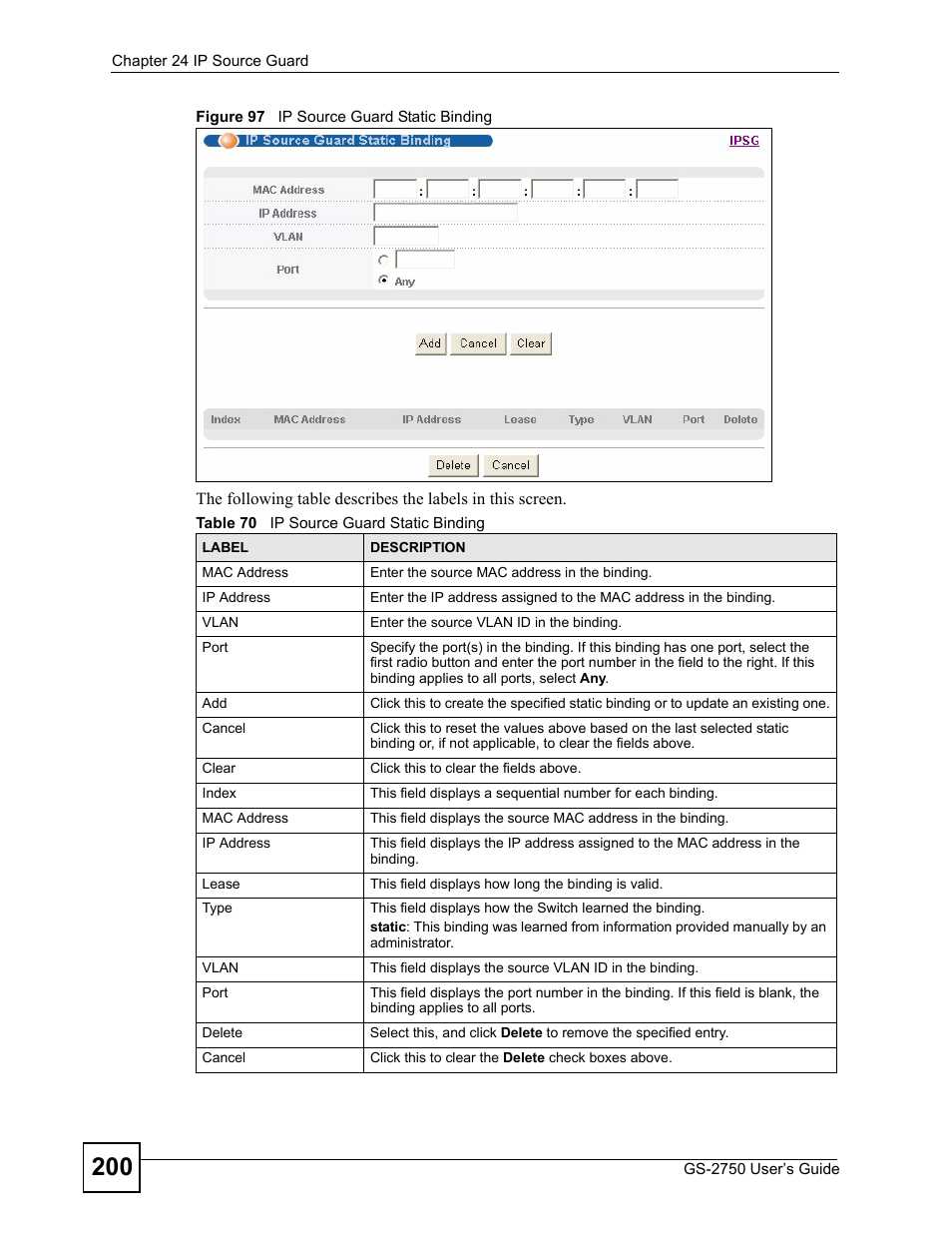 Figure 97 ip source guard static binding, Table 70 ip source guard static binding | ZyXEL Communications GS-2750 User Manual | Page 200 / 336