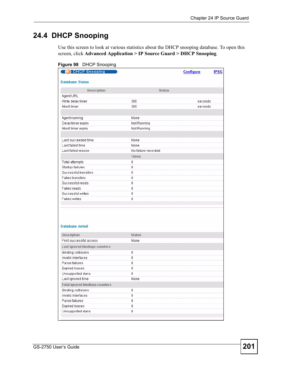 4 dhcp snooping, Figure 98 dhcp snooping | ZyXEL Communications GS-2750 User Manual | Page 201 / 336
